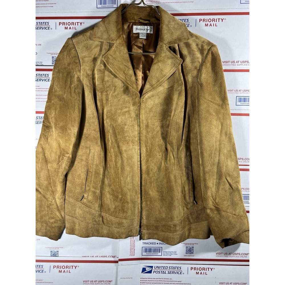 Vintage Preston & York Women's‎ Suede Leather Jacket Tan Zip Size L Brown